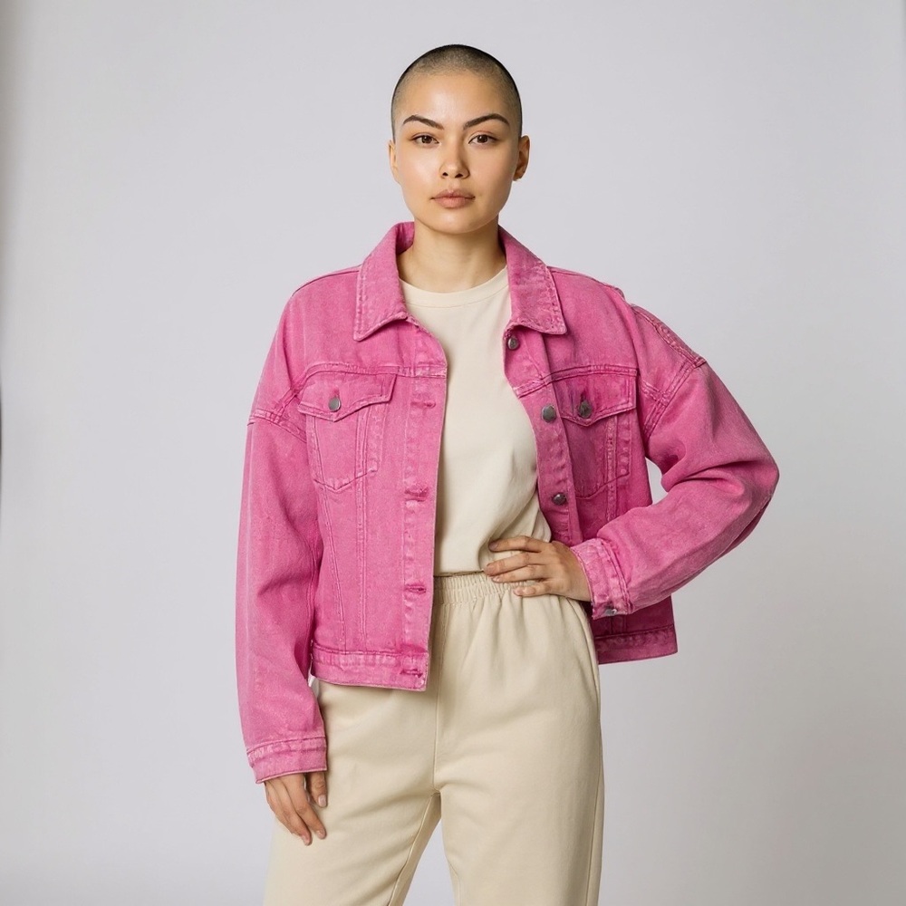 Savanna Jane Acid Washed Pink Denim Jacket.Relaxed Fit Cropped Pink Denim Jacket